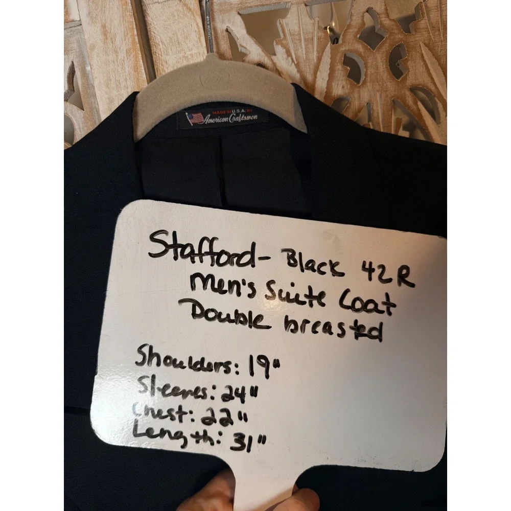 Stafford American Craftsmen Mens 42R Black DoubleBreasted Suit Jacket Wool Blend